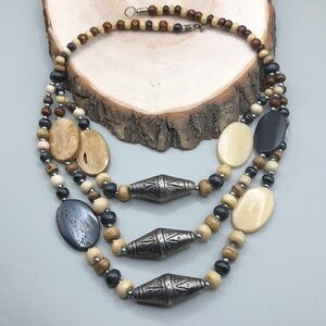 Vintage artisan bone bead layered statement necklace tribal rustic boho festival